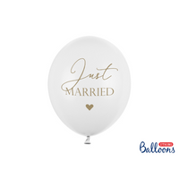 Balloner "Just married" pastel hvid med guld dobbeltsidet print  6 stk