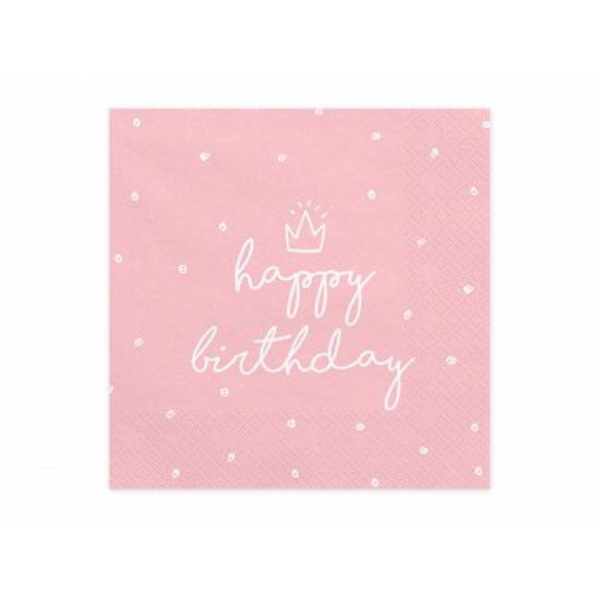 Servietter lyserød "Happy birthday" 33x33 cm 20 stk